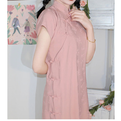 柔粉色 提花平裁中長款復古旗袍 新中式中秋春節改良連身裙洋裝 第5張的照片