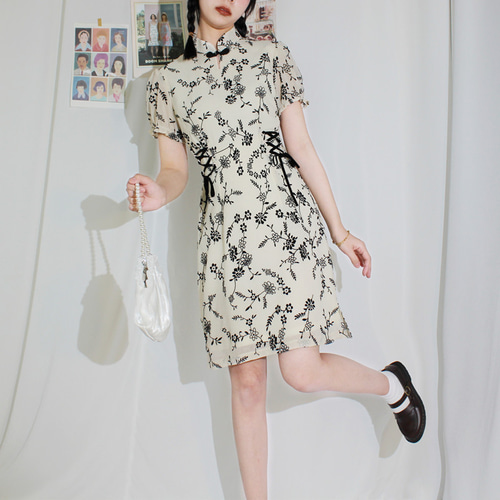 チャイナドレス 花柄プリントドレス ワンピース チャイナ服 花柄チャイナドレス ロング丈ワンピース（ドレス