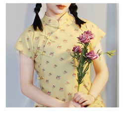 淺黃色 珍珠雪紡碎花平裁古法旗袍 新中式中秋春節改良連身裙洋裝 第6張的照片