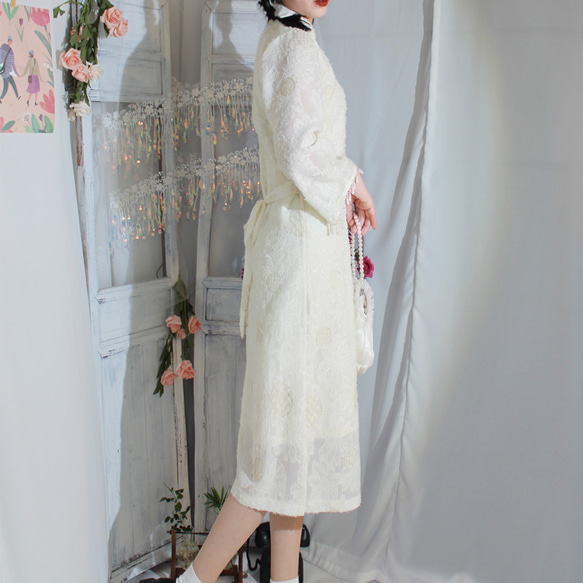 米白色 珍珠盤扣斜襟雪紡刺綉旗袍 新中式中秋春節改良連身裙洋裝 第4張的照片