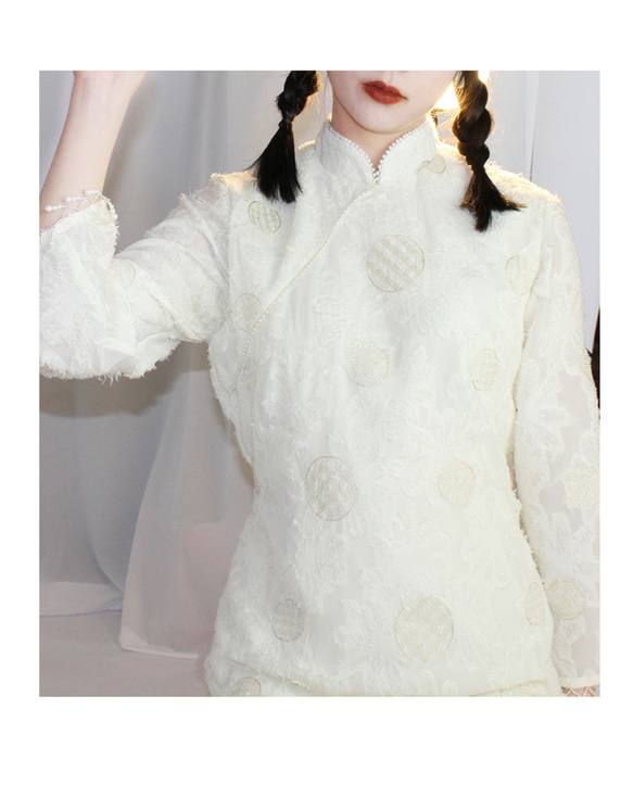 米白色 珍珠盤扣斜襟雪紡刺綉旗袍 新中式中秋春節改良連身裙洋裝 第6張的照片