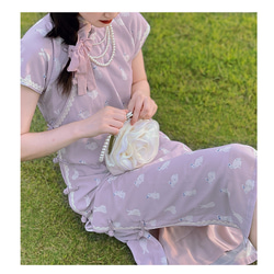 紫色印花 古法無省盤扣斜襟長款旗袍 新中式中秋春節改良連身裙洋裝 第14張的照片