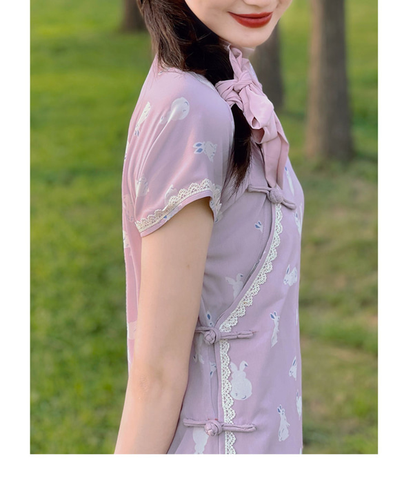 紫色印花 古法無省盤扣斜襟長款旗袍 新中式中秋春節改良連身裙洋裝 第9張的照片