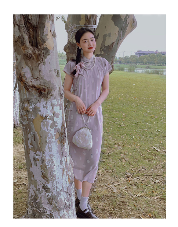 紫色印花 古法無省盤扣斜襟長款旗袍 新中式中秋春節改良連身裙洋裝 第5張的照片