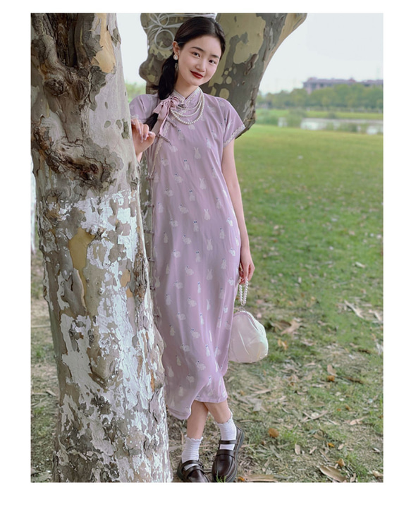 紫色印花 古法無省盤扣斜襟長款旗袍 新中式中秋春節改良連身裙洋裝 第7張的照片