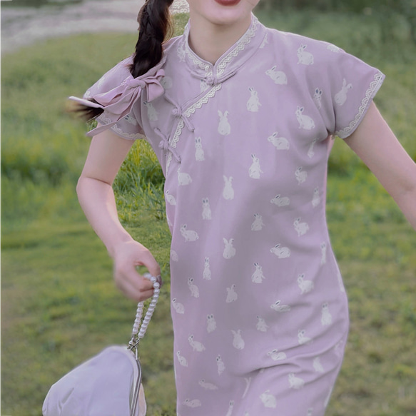 紫色印花 古法無省盤扣斜襟長款旗袍 新中式中秋春節改良連身裙洋裝 第2張的照片