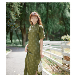 軍綠色印花 五分袖古法盤扣斜襟旗袍 中式中秋春節改良連身裙洋裝 第2張的照片