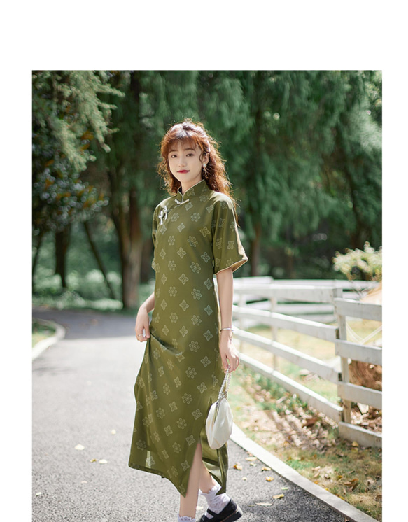 軍綠色印花 五分袖古法盤扣斜襟旗袍 中式中秋春節改良連身裙洋裝 第2張的照片
