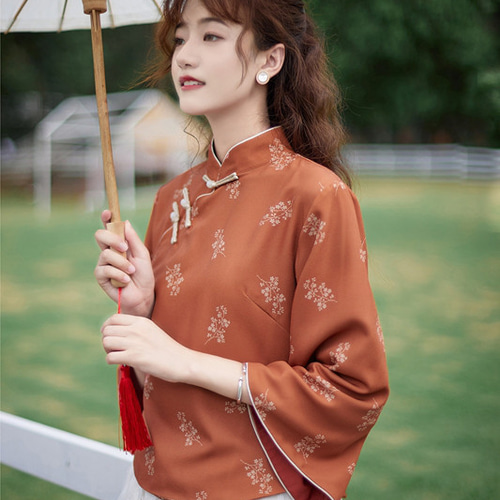 レンガ色×花柄 チャイナ風トップス / ゆったりめ7分袖 / 職人  