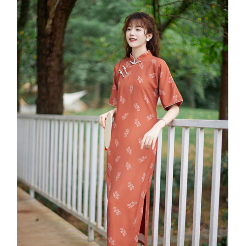 レンガ色×花柄 チャイナ風ワンピース/ ゆったりめ / 職人ハンドメイド