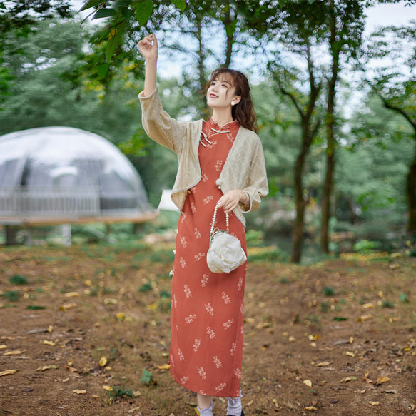 レンガ色×花柄 チャイナ風ワンピース/ ゆったりめ / 職人ハンドメイド 8枚目の画像