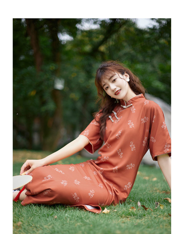 レンガ色×花柄 チャイナ風ワンピース/ ゆったりめ / 職人ハンドメイド