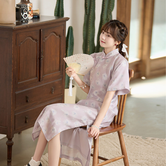 淺紫色 復古花色盤扣寬袖少女旗袍 新中式中秋春節改良連身裙洋裝 第1張的照片