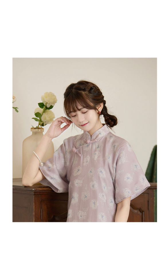 淺紫色 復古花色盤扣寬袖少女旗袍 新中式中秋春節改良連身裙洋裝 第5張的照片