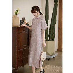 淺紫色 復古花色盤扣寬袖少女旗袍 新中式中秋春節改良連身裙洋裝 第3張的照片