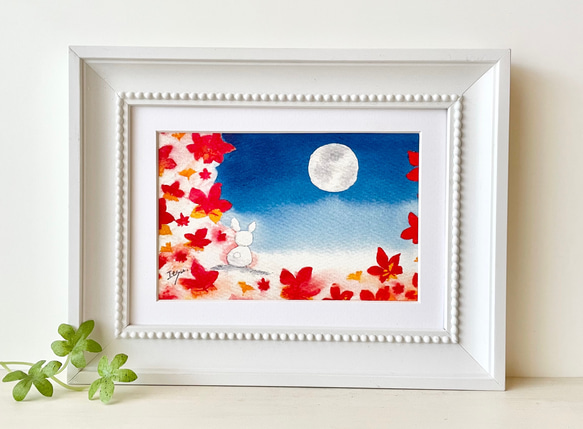 月が美しい　ページ 透明水彩画 A4ポスター「満月と紅葉」イラストポスター 秋
