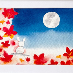 透明水彩画　A4ポスター「満月と紅葉」イラストポスター　秋　うさぎ　ウサギ　ギフト　敬老の日 2枚目の画像
