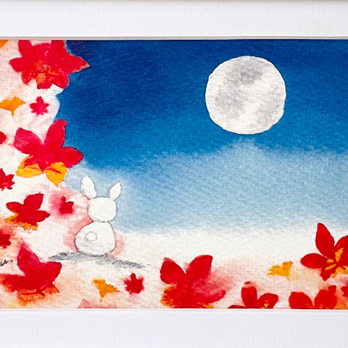 透明水彩画 A4ポスター「満月と紅葉」イラストポスター 秋