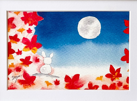 透明水彩画　A4ポスター「満月と紅葉」イラストポスター　秋　うさぎ　ウサギ　ギフト　敬老の日 2枚目の画像