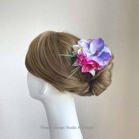 青紫の蘭とブーゲンビリアのヘアクリップ　髪飾り　浴衣髪飾り　ヘアクリップ　プ　浴衣髪飾り　ダンス　フラダンス　パープル　 3枚目の画像
