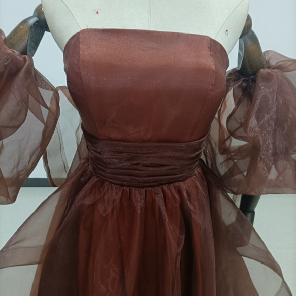 テラコッタ色カラードレス ベアトップ プリンセスライン パフスリーブ オフショル トレーンタイプ/音楽会 発表会 ドレス