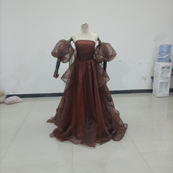 テラコッタ色カラードレス ベアトップ プリンセスライン パフスリーブ オフショル トレーンタイプ/音楽会 発表会 ドレス