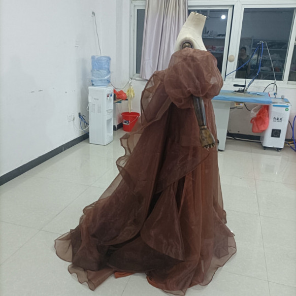 テラコッタ色カラードレス ベアトップ プリンセスライン パフスリーブ オフショル トレーンタイプ/音楽会 発表会 ドレス