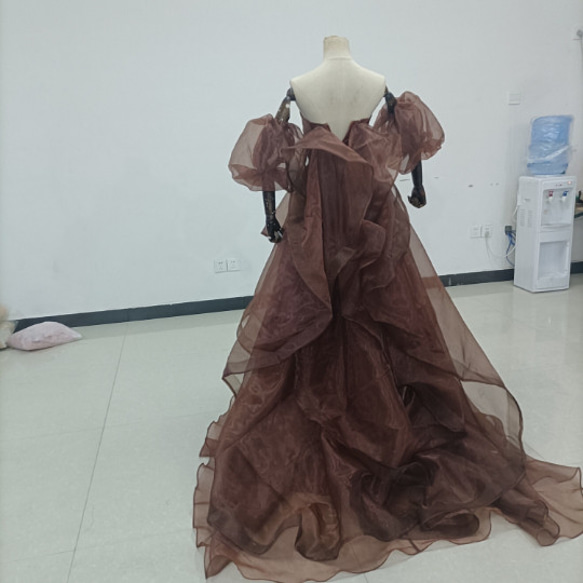 テラコッタ色カラードレス ベアトップ プリンセスライン パフスリーブ オフショル トレーンタイプ/音楽会 発表会 ドレス