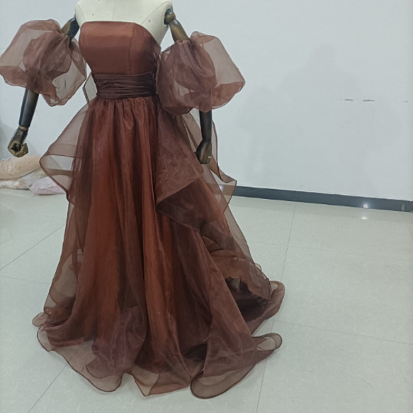 テラコッタ色カラードレス ベアトップ プリンセスライン パフスリーブ オフショル トレーンタイプ/音楽会 発表会 ドレス