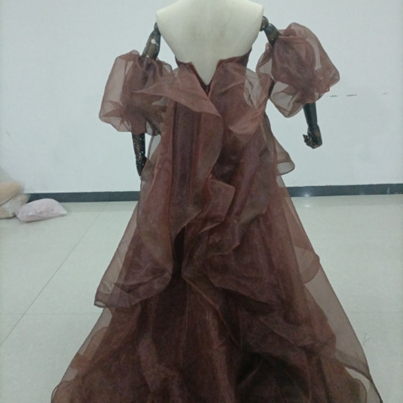 テラコッタ色カラードレス ベアトップ プリンセスライン パフスリーブ オフショル トレーンタイプ/音楽会 発表会 ドレス