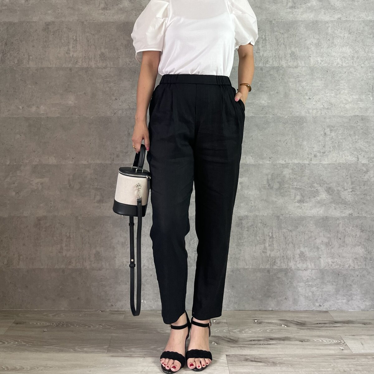 ラスト① スラっと脚長シルエット♪ 上品テーパードストレッチリネンパンツ 麻 黒【L】KMC-505 901928