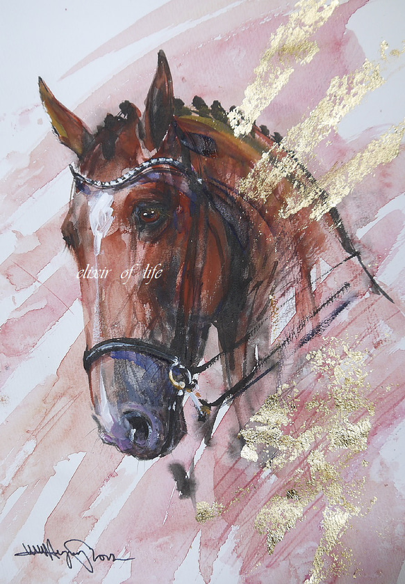 Dressage Horse,栄光への道２０２２　(水彩画用紙、21cm×２９ｃｍ、Ａ４サイズ、墨、水彩、金箔） 1枚目の画像