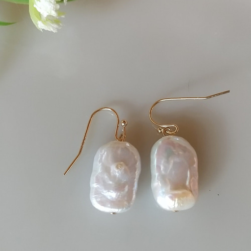 レア！大粒 淡水パール レクタングルピアス/イヤリング ピアス（フック  