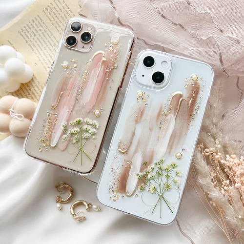 2color】ニュアンスカラーとかすみ草ブーケ 押し花スマホケース