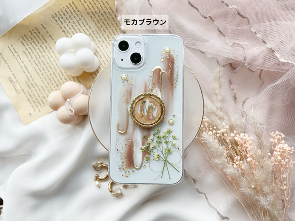 【2color】ニュアンスカラーとかすみ草ブーケ 【スマホリング】押し花スマホケース 13枚目の画像