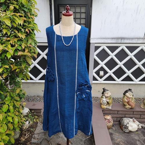 着物リメイク 古布 手作り 珍しい 綿蚊帳 花付きジャンパースカート 