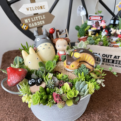 受注制作 円形わんちゃんにゃんこ箱庭風多肉植物寄せ植え 多肉植物
