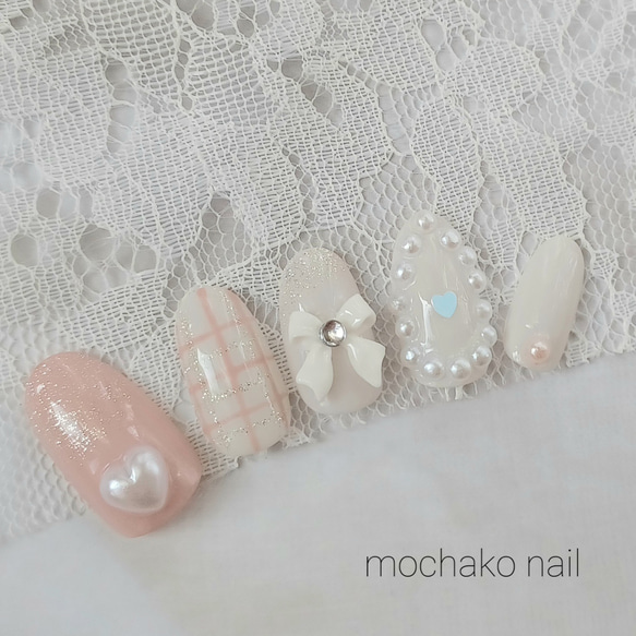 量産型 ピンク チェック リボン パール ネイル ネイルチップ（つけ爪  