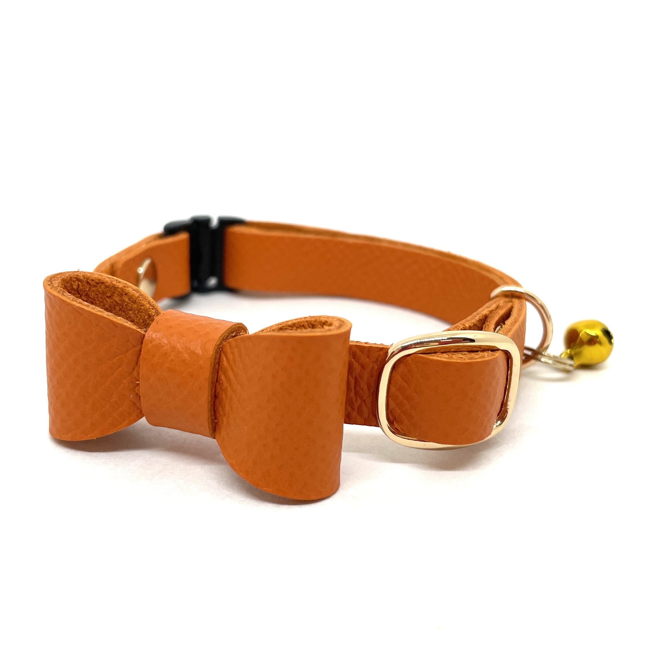 猫首輪　リボン　オレンジ　フランスレザー　皮革　セーフティ