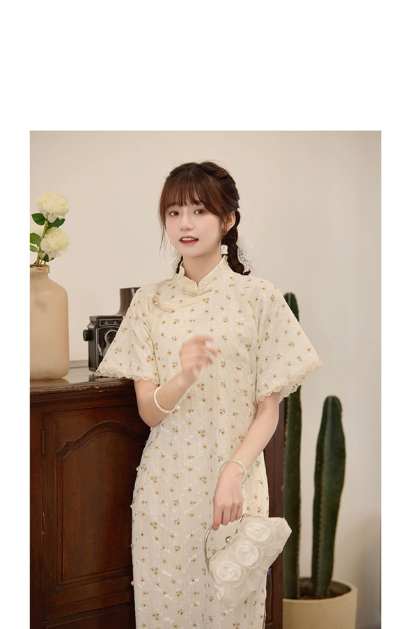 乳白色 提花蕾絲寬袖少女中長旗袍 新中式中秋春節改良連身裙洋裝 第8張的照片