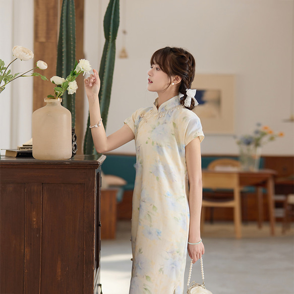 溫柔水墨印花 珍珠領飾古法旗袍 新中式中秋春節改良連身裙洋裝 第4張的照片