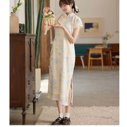 溫柔水墨印花 珍珠領飾古法旗袍 新中式中秋春節改良連身裙洋裝 第7張的照片