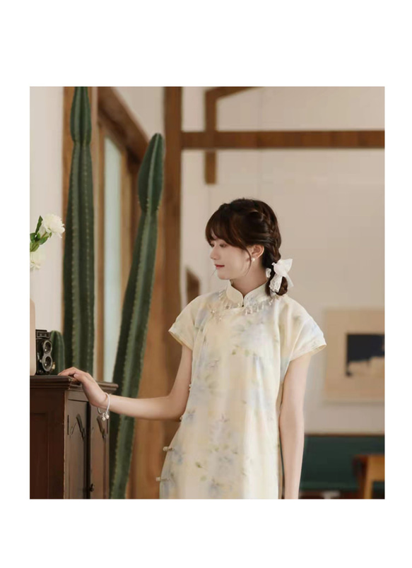 溫柔水墨印花 珍珠領飾古法旗袍 新中式中秋春節改良連身裙洋裝 第9張的照片