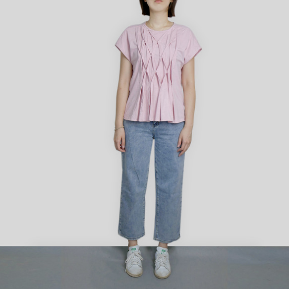 粉色立體格紋打摺小蓋袖 T-Shirt 第2張的照片