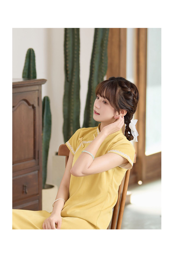 明黃色 撞色蕾絲古法無省少女旗袍 新中式中秋春節改良連身裙洋裝 第8張的照片