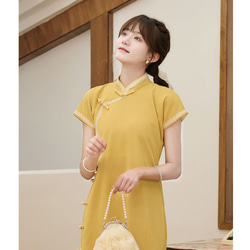 明黃色 撞色蕾絲古法無省少女旗袍 新中式中秋春節改良連身裙洋裝 第6張的照片