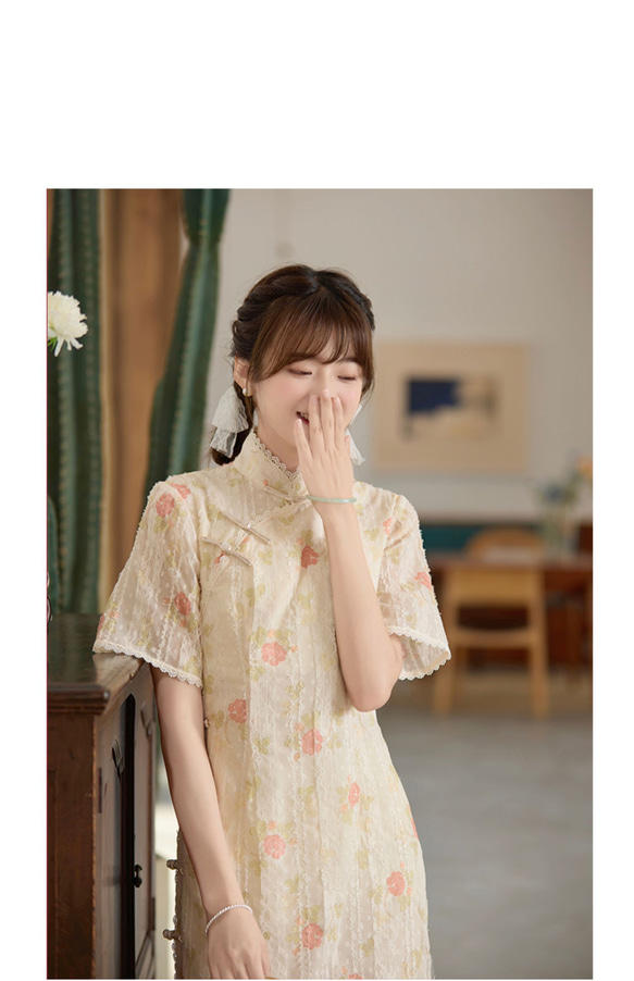 鵝黃色 剪花蕾絲碎花少女修身旗袍 新中式中秋春節改良連身裙洋裝 第6張的照片