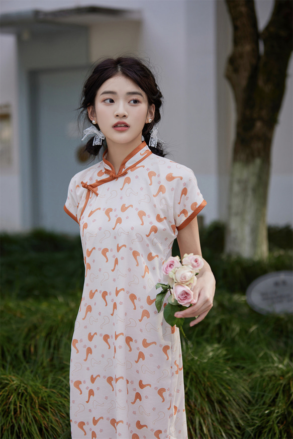 ビッググースプリントミディアムとロングシフォン古代の女の子チャイナドレス新しい中国風中秋節春祭り改良ワンピースドレス 2枚目の画像