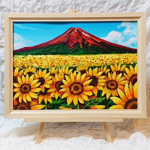 油絵　「ブドウ畑の朝日」　原画 油絵 絵画 【お花畑と富士山 】【A3】 - HR | minne byGMO