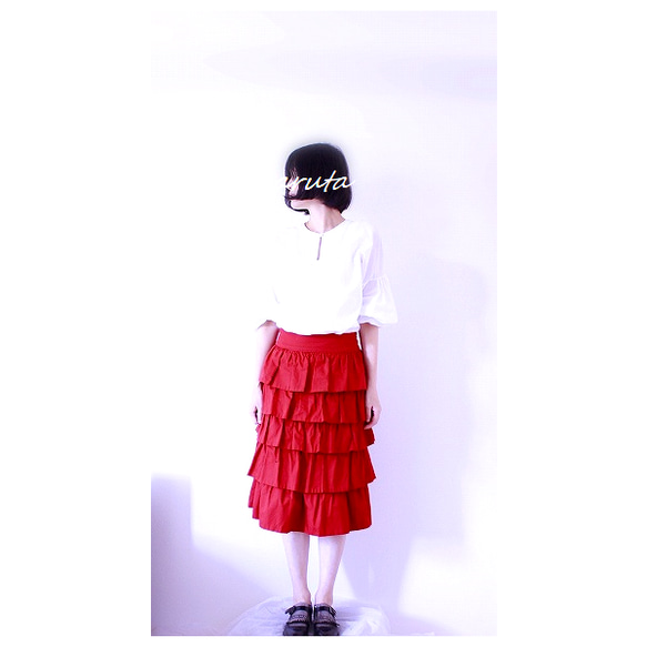S～LL　コットンリネン　5段フリルスカート　（赤）後ろゴム 6枚目の画像